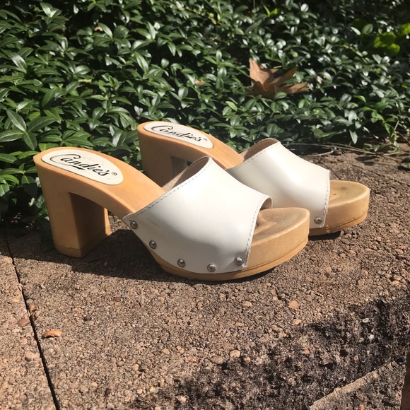 Candie's Shoes - Vintage 1980s Style Candies Original Sandals High Heels Wooden Clogs White 7 38
